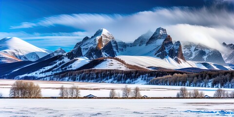 Poster - A snow covered plain with snowy mountains in the background. 