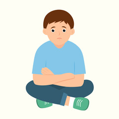 Upset little boy sitting alone on floor with crossed arms. Boring sad expression. Vector illustration