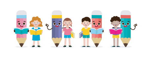 Wall Mural - children Posing With Pencil Character, Back to school, cartoon Children flying on pencil, kids riding big pencil in the sky, education concept poster vector illustration isolated on background