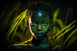 © J S - African or jamaican aboriginal black tribe girl wearing face painting in the green jungle night with copy space, generative AI