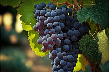  a bunch of grapes hanging from a vine in a vineyard with green leaves on the vine and a blurred background of trees and bushes in the background, with a blurry light, a.