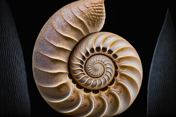 Poster -  a close up of a shell on a black background with a black background behind it and a black background behind it with a white shell and a brown spiral design on the bottom of the.