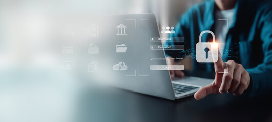 User authentication system with username and password, cybersecurity concept,lobal network security technology, business people protect personal information. cybersecurity concept.