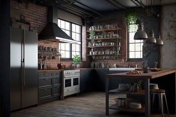 Sticker -  a kitchen with a large wooden table and a metal refrigerator and stove top oven and a window with a brick wall behind it and a wooden floor with a shelf with pots and pans.