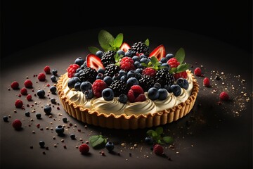 Sticker -  a cake with berries, raspberries, and blueberries on top of it on a table with sprinkles and leaves on it and a black background with a black surface.