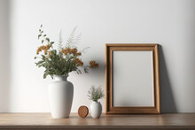 Wooden Table With A White Background And A Wooden Picture Frame Next To A Flower Vase. Generative AI