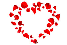 Red Rose Petals Fly Into Heart Shape For Love Greetings. Background With Isolated Rose Petals. Png/d.
