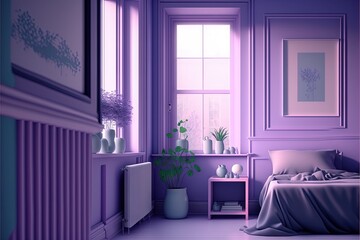 Canvas Print -  a bedroom with a purple wall and a bed with a purple comforter and a purple blanket on it and a window with a picture on it and a shelf with a plant in the corner.