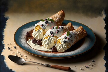 Wall Mural -  a plate of ice cream and fruit on a table with a spoon and spoon rest on the plate and a spoon is next to it and a spoon is also on the plate with a spoon.