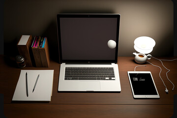 Wall Mural - office wood table with a laptop with a blank screen and supplies. generative ai