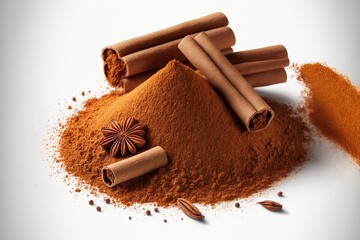  cinnamon sticks and cinnamon powder on a white background with cinnamons and cinnamon sticks on the ground next to them, cinnamon sticks are scattered around them, and cinnamon sticks are scattered