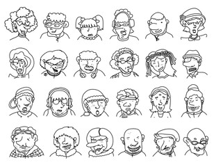 Wall Mural - Collection of various hand drawn doodle people - children, teens, adults, seniors. Linear cartoon characters with different emotions. Set of human portraits, comic avatars, diverse faces