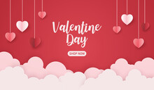 Valentines Sale With Hearts And Clouds Holding Paper Craft On Pink Background.  Vector Illustration Paper Cut Style. Love For Happy  Valentine's Day Greeting Card. Copy Space For Text.