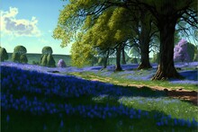  A Painting Of A Bluebell Field With Trees And Grass In The Foreground And A Blue Sky In The Background With Clouds In The Distance, And A Blue Sky With Clouds And Green.
