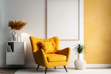 Warm Toned Living Room Interior Wall Mockup With A Yellow Armchair And A Background Of A White Wall. Generative AI