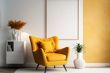 Wall Mural - Warm toned living room interior wall mockup with a yellow armchair and a background of a white wall. Generative AI