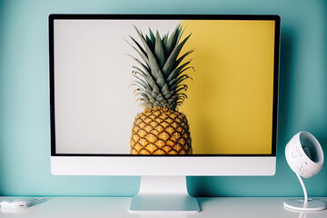 Sticker - White table with isolated computer screen style and pineapple wallpaper. Generative AI