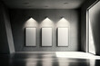 © AkuAku - Interior of an exhibition with three empty banners on a concrete wall and a point light in the ceiling. Concept for a gallery, advertisement, and presentation. a mockup. Generative AI