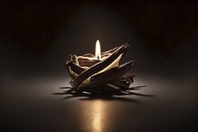  A Candle That Is Sitting On A Table With A Dark Background And A Light Coming From It In The Middle Of The Candle Is A Chocolate Shell With A Brown And White Stripe On The.