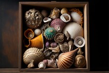  A Box Filled With Sea Shells And Seashells On A Table Top Next To A Wall And A Window With A Curtain On It And A Wooden Frame With A Black Background And White.