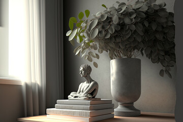 Modern cement sculpture pot, plants, a book, and elegant ornamentation on a wooden table make up a stylish interior design composition. Up close. contemporary living room. hue of eucalyptus. Template