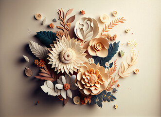 Canvas Print - Paper color flowers on light background, 3d render