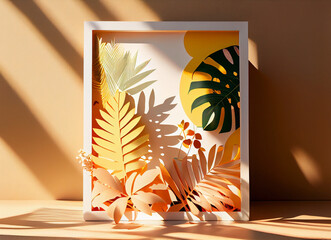 Canvas Print - Paper palm leaves with frame on orange background, 3d render