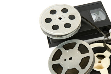 Wall Mural - Film reel and videocassette isolated on white background. Free space for text.