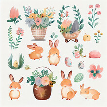 Cute Cartoon Easter Collection Watercolor. Generative AI Technology.