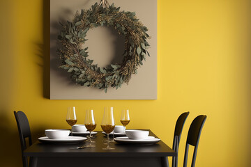 Sticker - Dining table with setting for Christmas dinner and mistletoe wreath on yellow wall in room. Generative AI