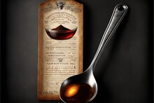  A Spoon With A Liquid In It Next To A Bottle Of Liquid On A Wooden Plaque With A Spoon On It And A Spoon With A Liquid In It On It, On A Black Background.