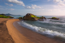 Picturesque Sandy Beach With Granite Rocks Overgrown With Vivid Seaweed At Sunrise, Samui, Thailand