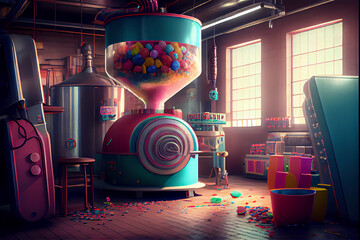 Wall Mural - Fantastic magical candy factory with multicolored treats, generative AI