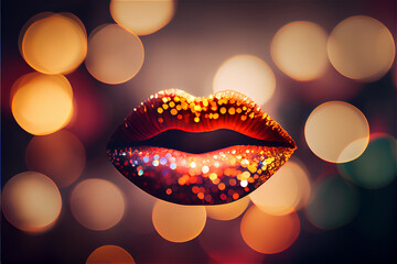 Poster - glittery lips in a light bokeh background ideal for backdrops, generative AI