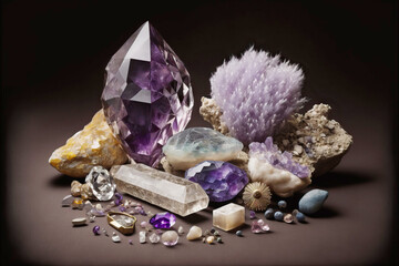 Abstract composition of semi-precious stones , quartz, amethyst. Generative AI