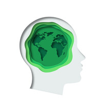 Green Paper Cut Earth Planet Inside Human Head. Modern 3d Papercut Illustration Concept Of Man Profile Silhouette With Nature World Map. Eco Friendly Solution, Environment Care Design.