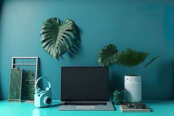 Wall Mural - desk with a tropical leaf, office supplies, a memo stick, and a faux laptop screen. blue wall as a b