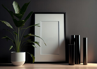 Wall Mural - Wooden vertical frame with white vase of dry flowers over dark wall. Mockup Template 3d render