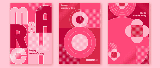 Wall Mural - 8 march greeting cards design. Intrnational women's day posters, brochure, covers.  Pink, magenta  colors. 