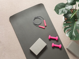 Stylish gray and pink home fitness flat lay. Top view of gray sport mat, yoga block, skipping rope and pink dumbbells on neutral carpet background, monstera plant. Set for pilates, fitness, yoga