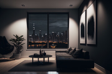 Dark living room with a concrete floor, an empty white poster, a picture window with a view of Singapore, a coffee table, and two seats. simple design idea for relaxing. Generative AI