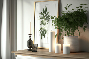 Modern minimalist Scandinavian style interior with white poster mockup, candles and tropical green home plants on a wooden console under sunlight and shadows on a gray wall. Selective focus