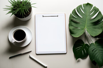 Sticker - On a white table in a flat lay, there is a blank tablet with a pen, a cup of coffee, paper notebooks, and a green plant. A beautiful, feminine workspace with an attractive home office desk. Generative