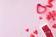 Romantic Valentines day background with gift box, red heart ribbon and various hearts. Greeting card.