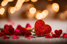 Hearts And Candles On Bokeh Romantic Background. Hearts Passionate Love Valentine Postcard Romance Backdrop.