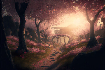 Wall Mural - beautiful sunset lights in the magical fantasy spring time blossoming cherry tree sakura forest, gen