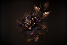  A Painting Of A Flower With Leaves And Flowers On It's Petals, And A Dark Background With A Gold And Purple Flower On The Center Of The Petals, And A Black Background.