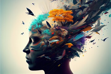Poster - Generative AI illustration of annual collective mind concept art, exploding mind, inner world, dreams, emotions, imagination and creative mind