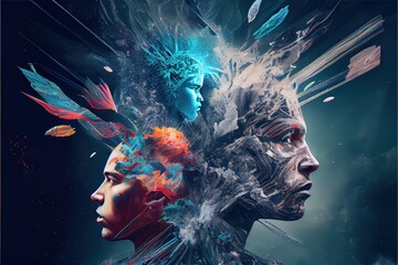 Poster - Generative AI illustration of annual collective mind concept art, exploding mind, inner world, dreams, emotions, imagination and creative mind