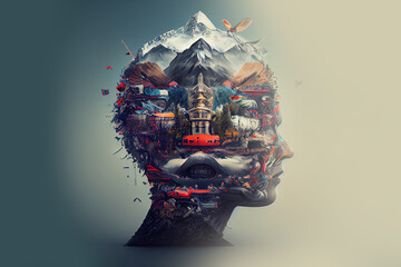 Poster - Generative AI illustration of annual collective mind concept art, exploding mind, inner world, dreams, emotions, imagination and creative mind